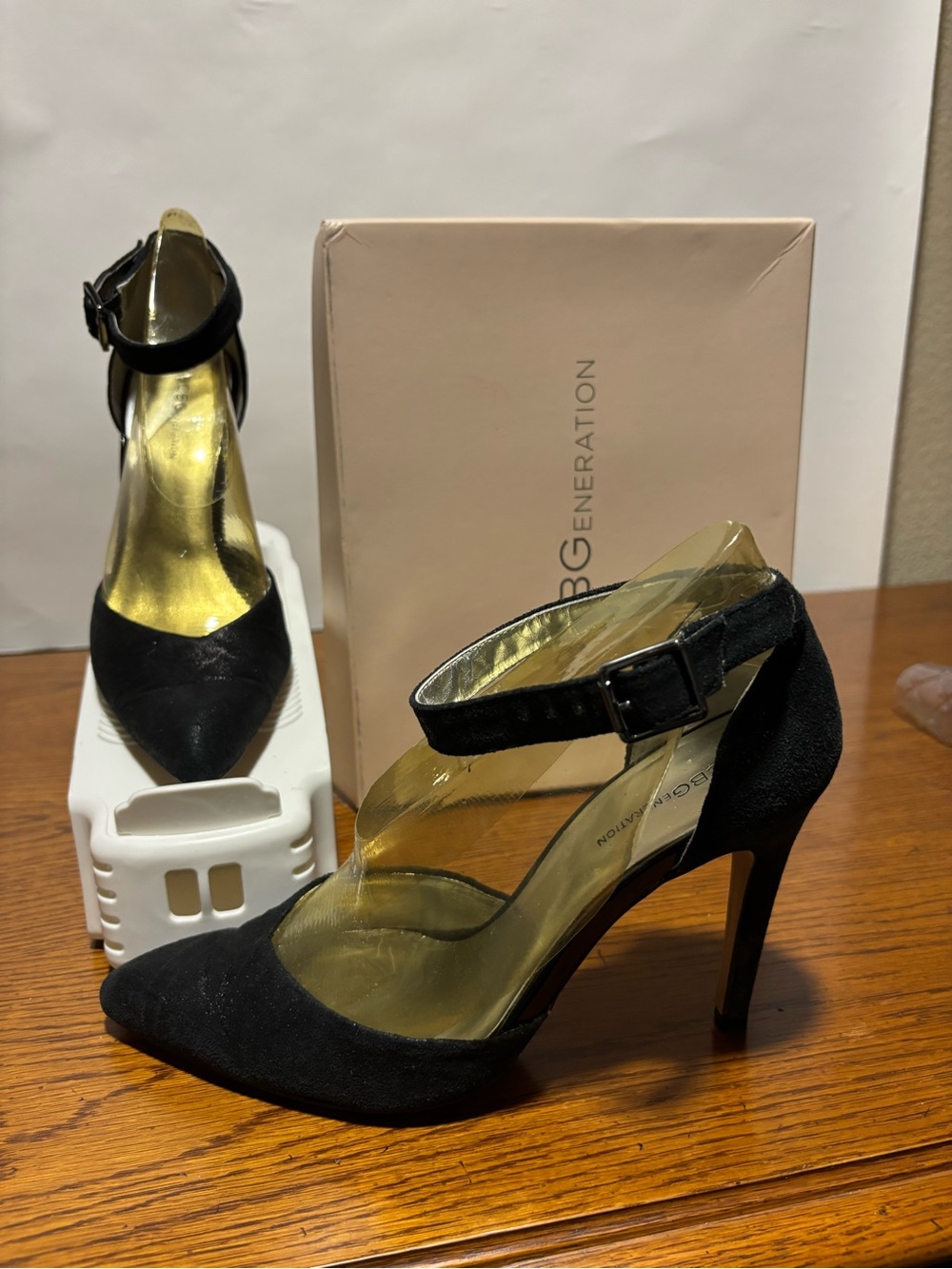 BCBGeneration Black Suede Pointed-Toe Ankle-Strap Heels